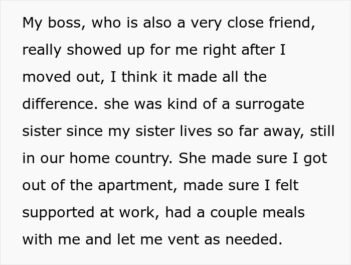 Text describing a supportive boss who became like a sister, helping after a move and providing emotional support and meals.