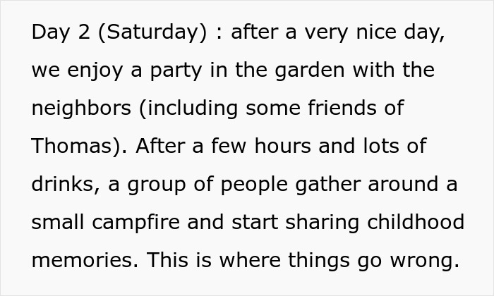 Text on screen describing a garden party where people share childhood memories leading to a conflict. Text on screen describing a garden party where people share childhood memories leading to a conflict.