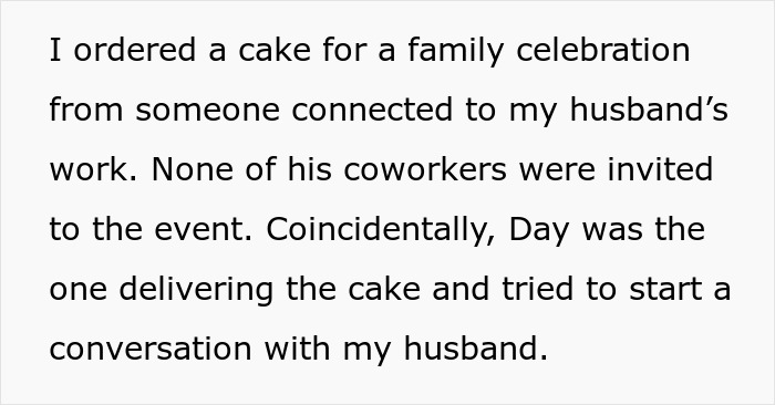 Text on screen describing a husband&rsquo;s work connection and a cake delivery sparking conversation with a female colleague.