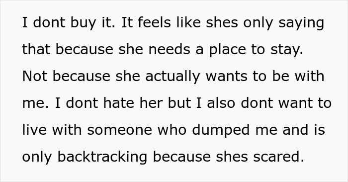 Text expressing doubts about an ex-house-drama relationship, feeling used and unwilling to reconcile fully.