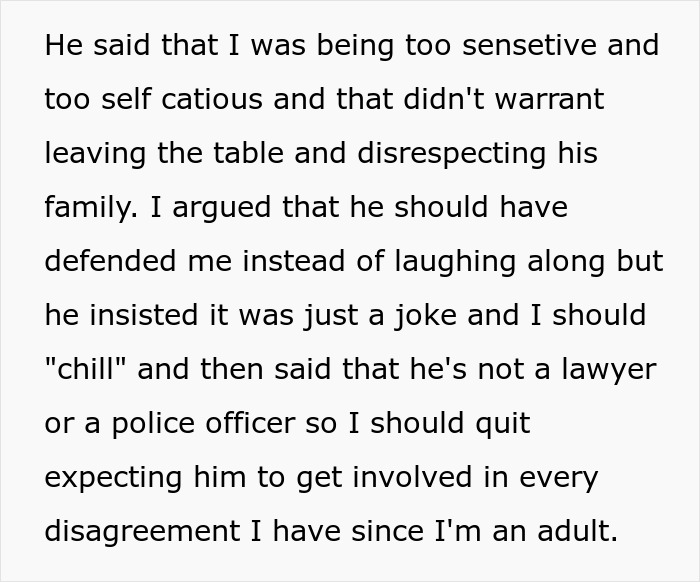 Text discussing a man calling his daughter-in-law fat while husband laughs and defends his father.