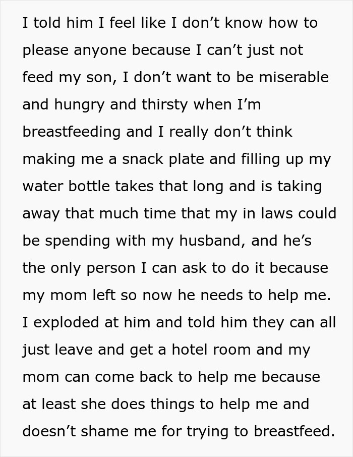 New mom expressing frustration with husband and in-laws for not helping while breastfeeding and caring for baby.