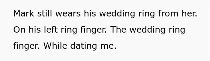 Text saying Mark still wears his wedding ring on his left ring finger while dating, reflecting widower boyfriend ring reality.