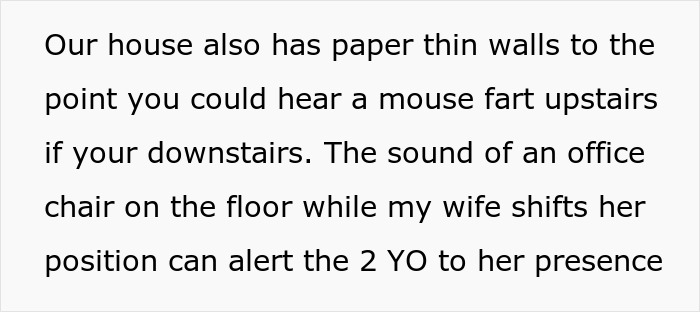 Text excerpt about thin walls and a toddler overhearing a mom shifting while studying, highlighting a dad’s struggle managing the toddler. Text excerpt about thin walls and a toddler overhearing a mom shifting while studying, highlighting a dad’s struggle managing the toddler.