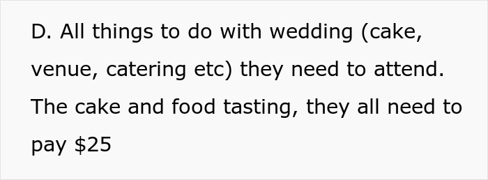 Text excerpt about wedding details including cake, venue, catering, and food tasting with a $25 fee mentioned.