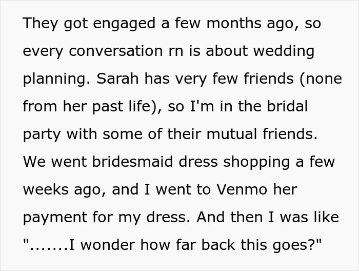 Text excerpt about wedding planning and a Venmo search uncovering a fiancée's fabricated past, including widow status. Text excerpt about wedding planning and a Venmo search uncovering a fiancée's fabricated past, including widow status.