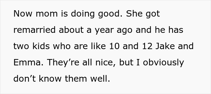 Text excerpt about a mom who blames her daughter for picking dad in the divorce and refuses involvement. Text excerpt about a mom who blames her daughter for picking dad in the divorce and refuses involvement.