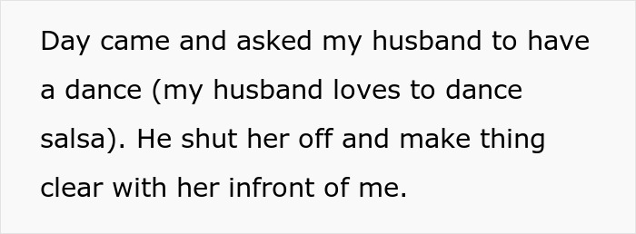 Text excerpt showing a wife describing how her husband shut down his female colleague&rsquo;s advances at a dance.