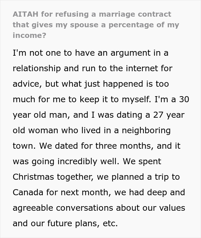 Text from a man describing a woman forcing him to sign a contract sharing his income for life in their relationship.