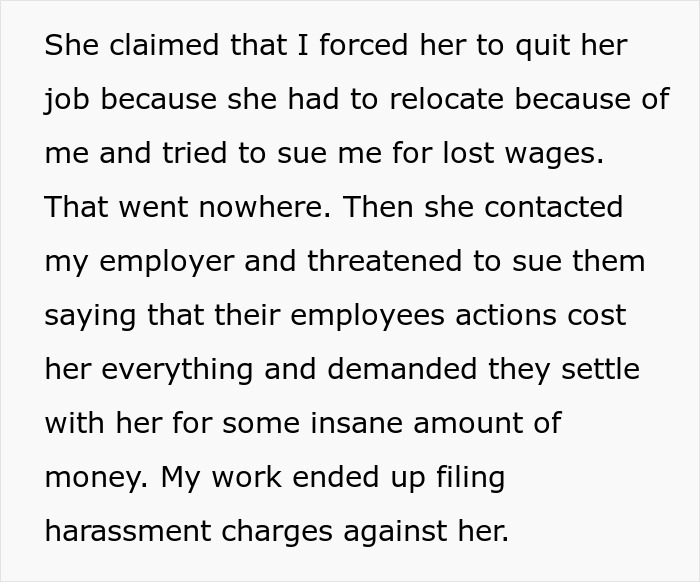 Text excerpt about an unemployed woman involved in disputes over job loss, legal threats, and harassment charges. Text excerpt about an unemployed woman involved in disputes over job loss, legal threats, and harassment charges.