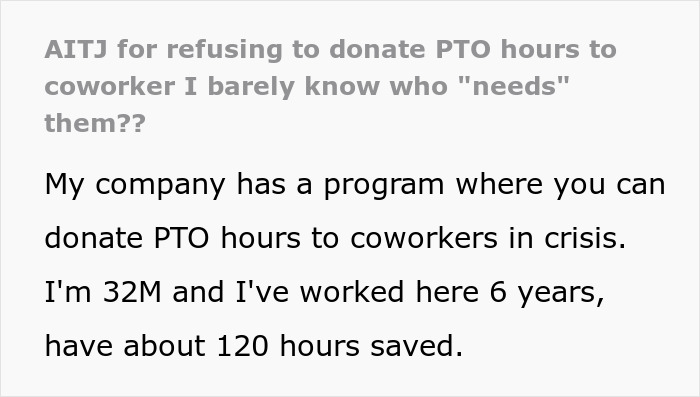 Text discussing a company PTO donation program and a worker refusing to donate his saved hours to a colleague in need.