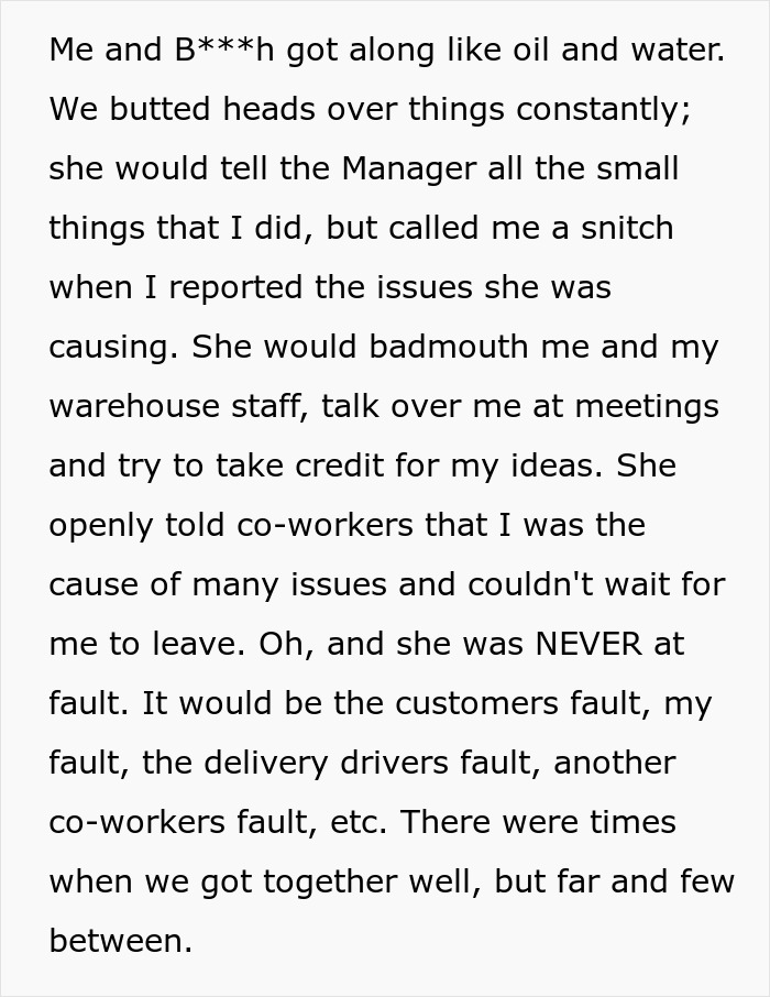 Text excerpt describing a coworker conflict leading to a man's eventual revenge after getting fired years prior.