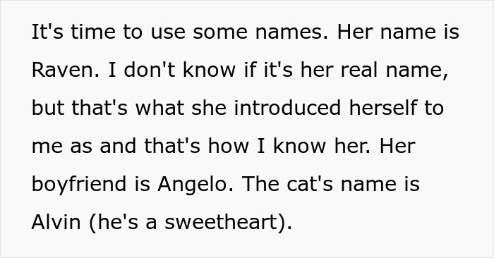 Text excerpt discussing a woman letting a friend stay during surgery recovery and resulting issues at home and car.