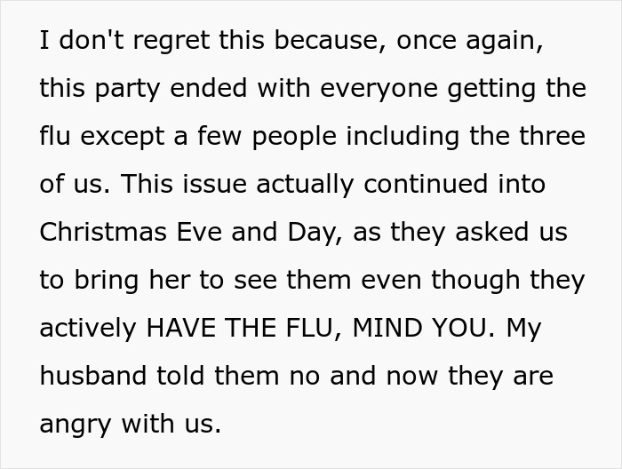 Text excerpt about in-laws refusing to take grandchild’s safety seriously, leading to babysitting ban due to flu concerns. Text excerpt about in-laws refusing to take grandchild’s safety seriously, leading to babysitting ban due to flu concerns.