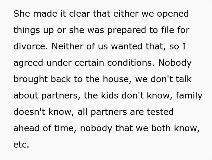 Text excerpt discussing conditions of an open marriage where the wife makes husband agree to reconnect with her ex. Text excerpt discussing conditions of an open marriage where the wife makes husband agree to reconnect with her ex.