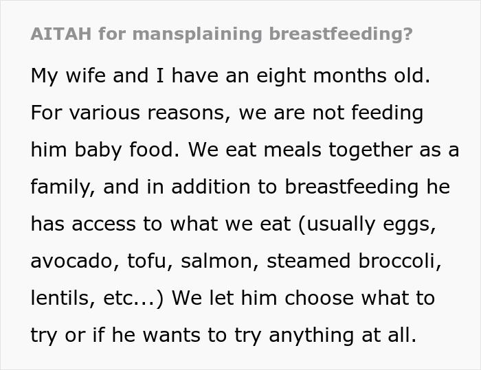 Childless Sis Keeps Lecturing Man About Baby Food, Livid When He “Mansplains” Breastfeeding To Her