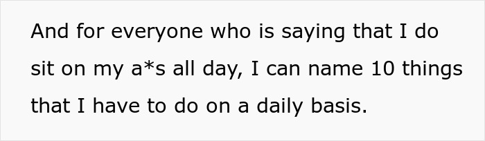 Text image showing a man insisting his wife doesn’t do anything at home, listing daily tasks he does instead. Text image showing a man insisting his wife doesn’t do anything at home, listing daily tasks he does instead.