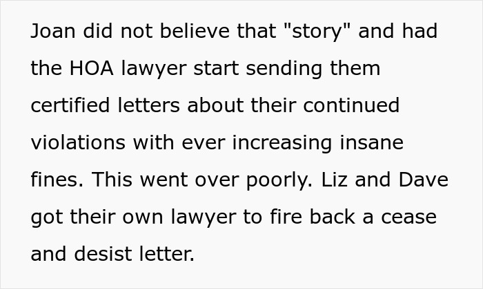 Text excerpt describing HOA president’s power-trip harassment escalating to legal conflict with a couple’s lawyer response. Text excerpt describing HOA president’s power-trip harassment escalating to legal conflict with a couple’s lawyer response.