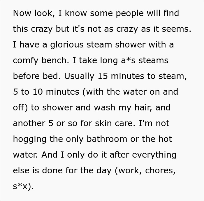 Screenshot of text about a steam shower routine; woman keeps missing BF red flags