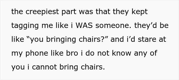 Text excerpt from a guy added to a random family group chat, feeling confused and emotionally invested over time.