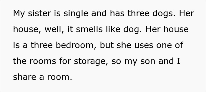 Text excerpt describing a woman complaining about her sister-in-law despite staying with her for free, causing annoyance to her husband.