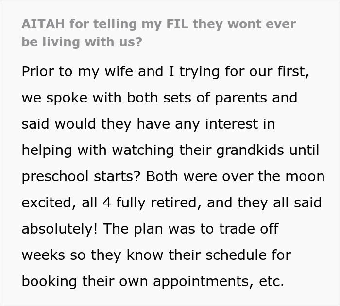 Text excerpt about in-laws refusing to help with childcare despite being retired and initially agreeing to help.