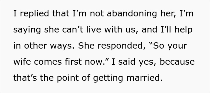 Text excerpt showing adult son explaining to religious mom why she can’t move in, with tension over family priorities. Text excerpt showing adult son explaining to religious mom why she can’t move in, with tension over family priorities.
