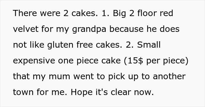 Two cakes on a table, one large red velvet and one small expensive piece, highlighting refusing give food little niece context.