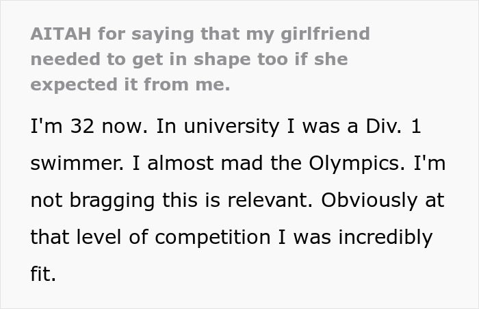 Text excerpt discussing a woman demanding her swimmer boyfriend look like her friend’s partner and his response.