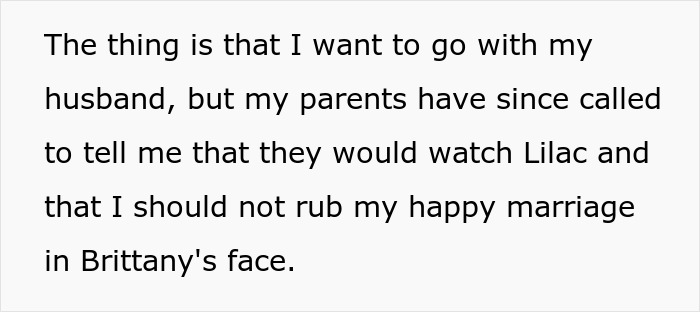 Text discussing a woman wanting to join a romantic getaway with her husband despite her parents' concerns about a friend. Text discussing a woman wanting to join a romantic getaway with her husband despite her parents' concerns about a friend.