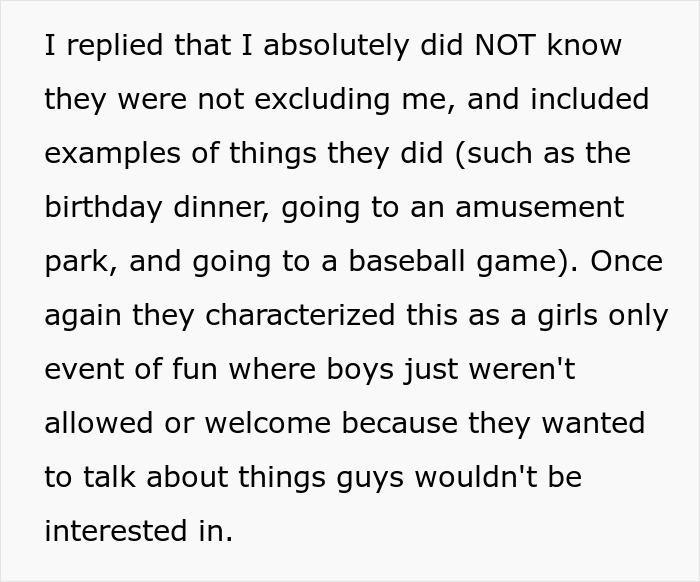 Text excerpt showing a guy upset about not being included in girls only days, reflecting on immaturity and growth. Text excerpt showing a guy upset about not being included in girls only days, reflecting on immaturity and growth.