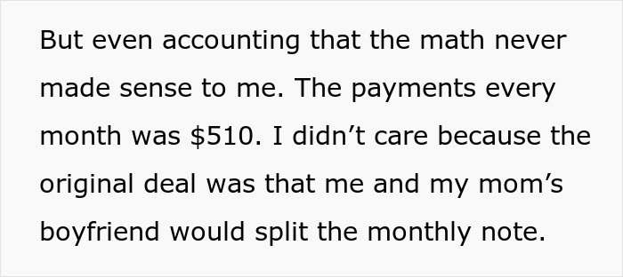 Text excerpt about teen’s first car and loan payments, highlighting a debt trap set by his mom. Text excerpt about teen’s first car and loan payments, highlighting a debt trap set by his mom.