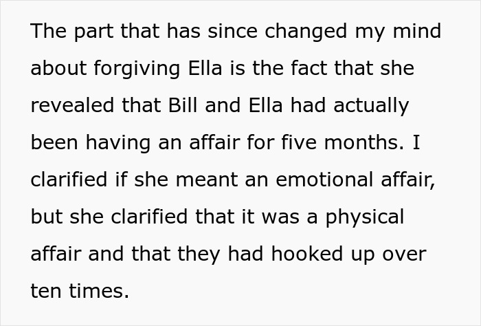 Text excerpt describing a man discovering his wife’s cheating involved a physical affair lasting five months.
