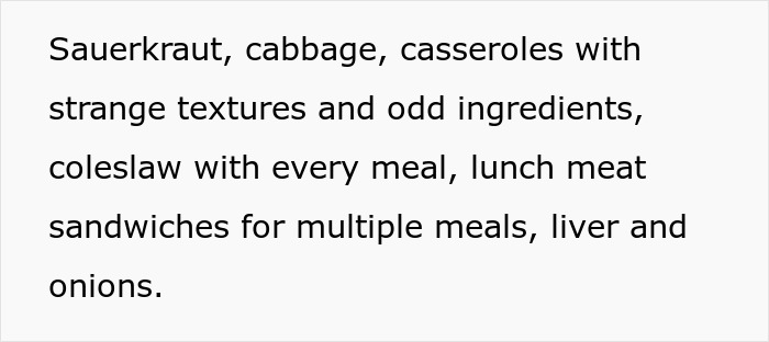 Alt text: Text describing expired food in her pantry including sauerkraut, cabbage, casseroles, coleslaw, and lunch meat sandwiches. Alt text: Text describing expired food in her pantry including sauerkraut, cabbage, casseroles, coleslaw, and lunch meat sandwiches.