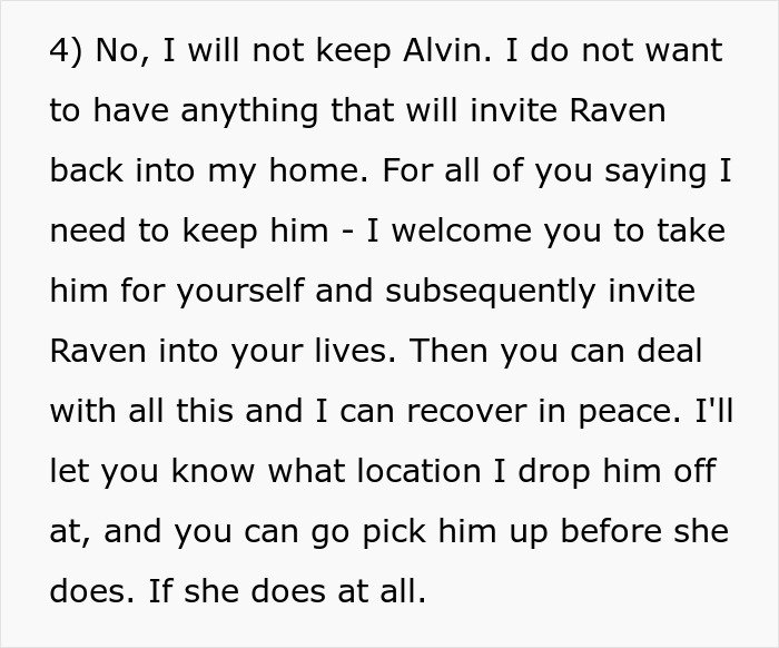 Text excerpt showing a woman refusing to keep a friend&rsquo;s pet to avoid inviting a problematic person back into her home during surgery recovery.