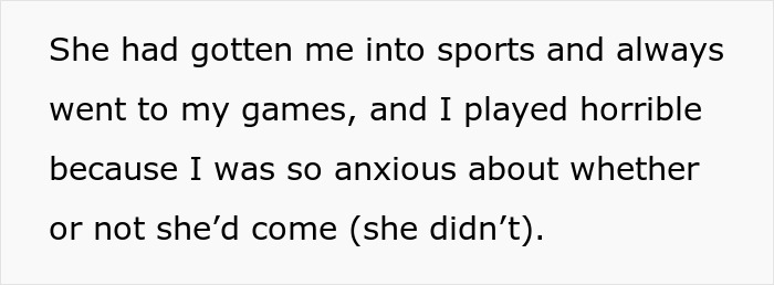 Text describing a daughter anxious about her mom not attending her sports games after a divorce blaming her for picking dad. Text describing a daughter anxious about her mom not attending her sports games after a divorce blaming her for picking dad.