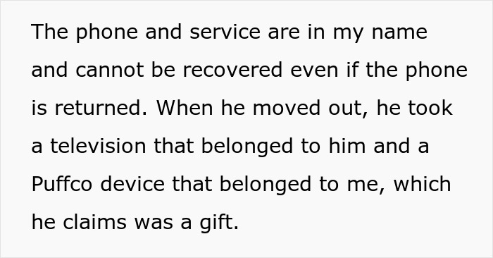 Text excerpt about phone, television, and Puffco device ownership dispute after moving out.