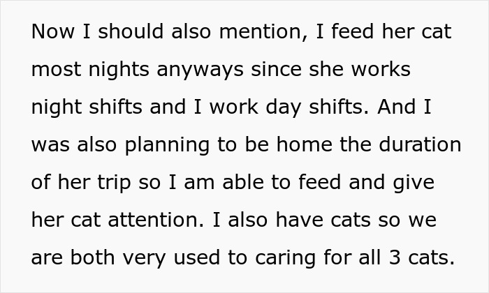 Text discussing caring for cats during a roommate boyfriend vacation drama while managing night and day work shifts. Text discussing caring for cats during a roommate boyfriend vacation drama while managing night and day work shifts.