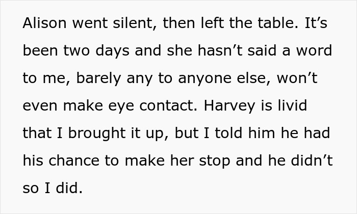 Text excerpt showing a lady silent and avoiding eye contact after insulting SIL’s hubby and calling out partner’s indiscretions.