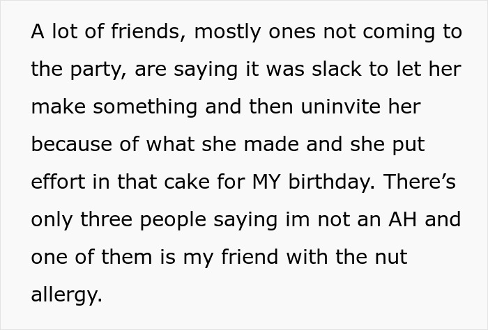 Text excerpt about ignoring food allergy restrictions causing a party guest to be disinvited due to a nut allergy risk.