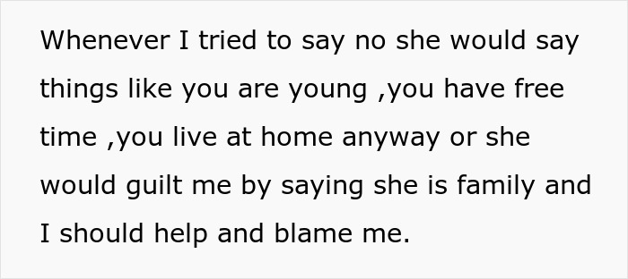 Text showing a child-loathing lady describing how her family pressures her to be a free nanny and blames her when she refuses. Text showing a child-loathing lady describing how her family pressures her to be a free nanny and blames her when she refuses.