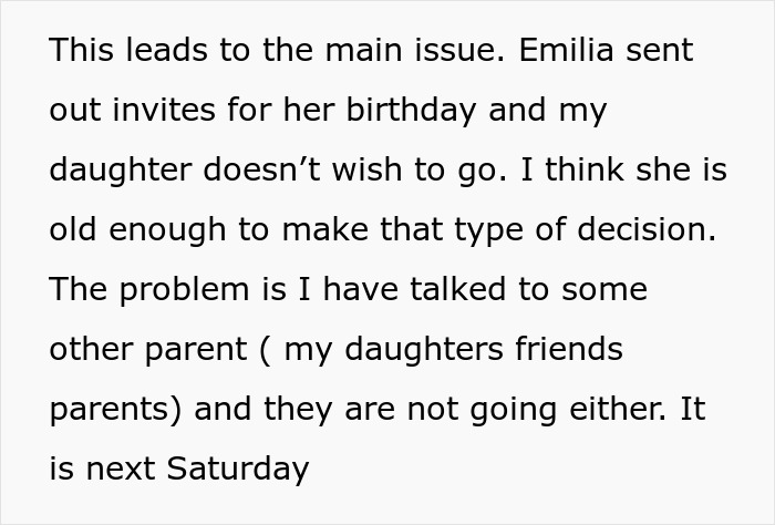 Screenshot of message where a parent wonders if their daughter should attend a birthday everyone is skipping Screenshot of message where a parent wonders if their daughter should attend a birthday everyone is skipping