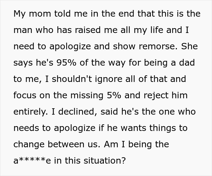 Text discussing a teen confronting his stepdad for ignoring him while his mom says stepdad is 95% like a dad. Text discussing a teen confronting his stepdad for ignoring him while his mom says stepdad is 95% like a dad.