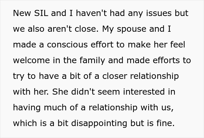 Text post discussing efforts to build a relationship with new sister-in-law amid family dynamics and drama. Text post discussing efforts to build a relationship with new sister-in-law amid family dynamics and drama.