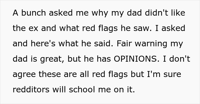 Screenshot of text about a dad listing red flags he saw in his daughter's ex who she missed for 18 months