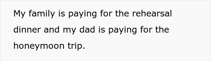 Text snippet from a message discussing family paying for rehearsal dinner and honeymoon amid mother dictating wedding attire.