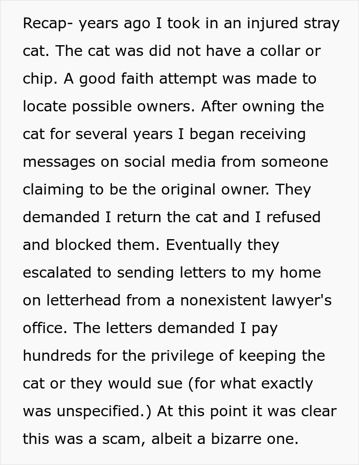 Text excerpt about a lost cat turned family pet facing scammy owner demands years later, highlighting street survivor story.