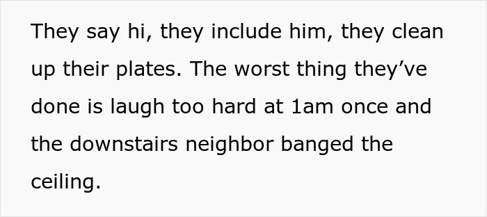 Text excerpt about polite housemates and a late night noise complaint, includes boyfriend ban friends Text excerpt about polite housemates and a late night noise complaint, includes boyfriend ban friends