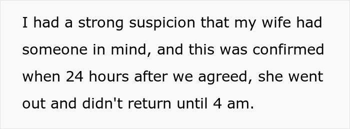 Text excerpt showing a husband’s suspicion about his wife in an open marriage after she stayed out until 4 am. Text excerpt showing a husband’s suspicion about his wife in an open marriage after she stayed out until 4 am.