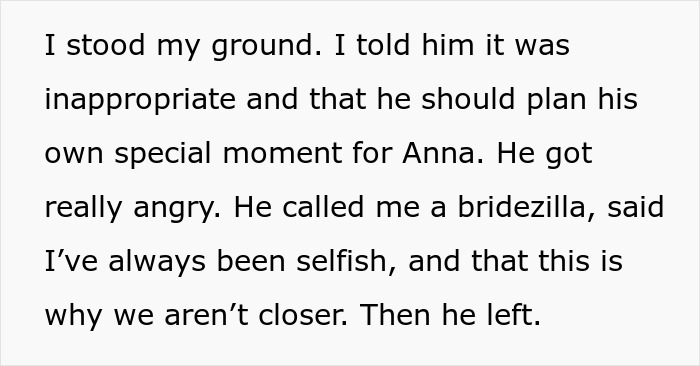 Text excerpt about a man proposing during his sister&rsquo;s wedding and calling her a bridezilla after refusal.